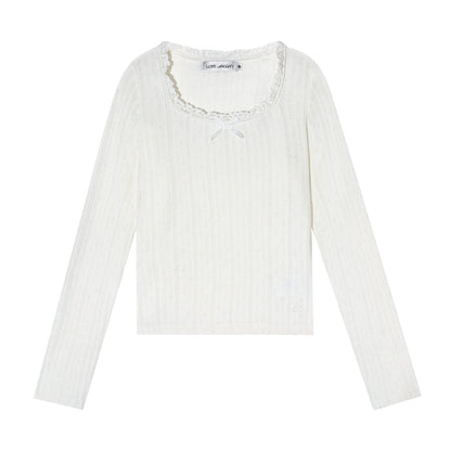 Lace-Trimmed Bow Hollow Knit Top