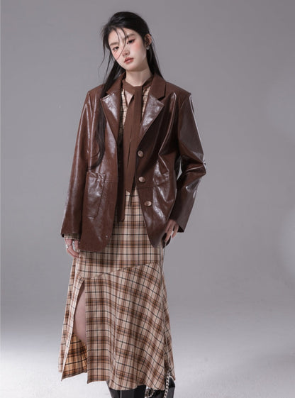 Wax Leather Blazer With Skirt Set