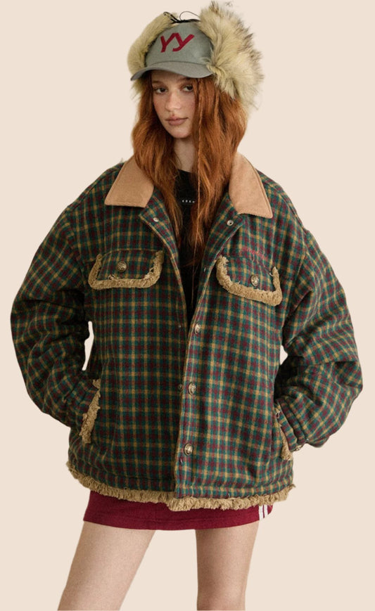 EZEK American Vintage Kontrast Plaid Revers College Jacke Frauen Herbst lässig lose Baseball Jacke Top