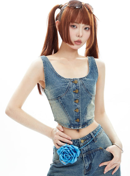 American Denim Vest  Wide Leg Pants Set