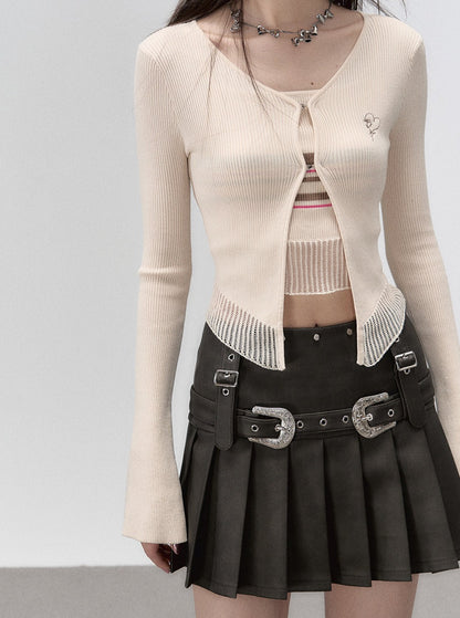 leather metal belt pleated skirt