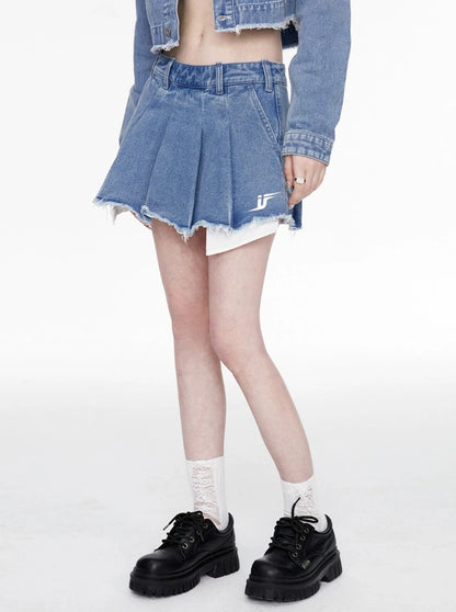 Washed Blue Pleated Denim Skirt