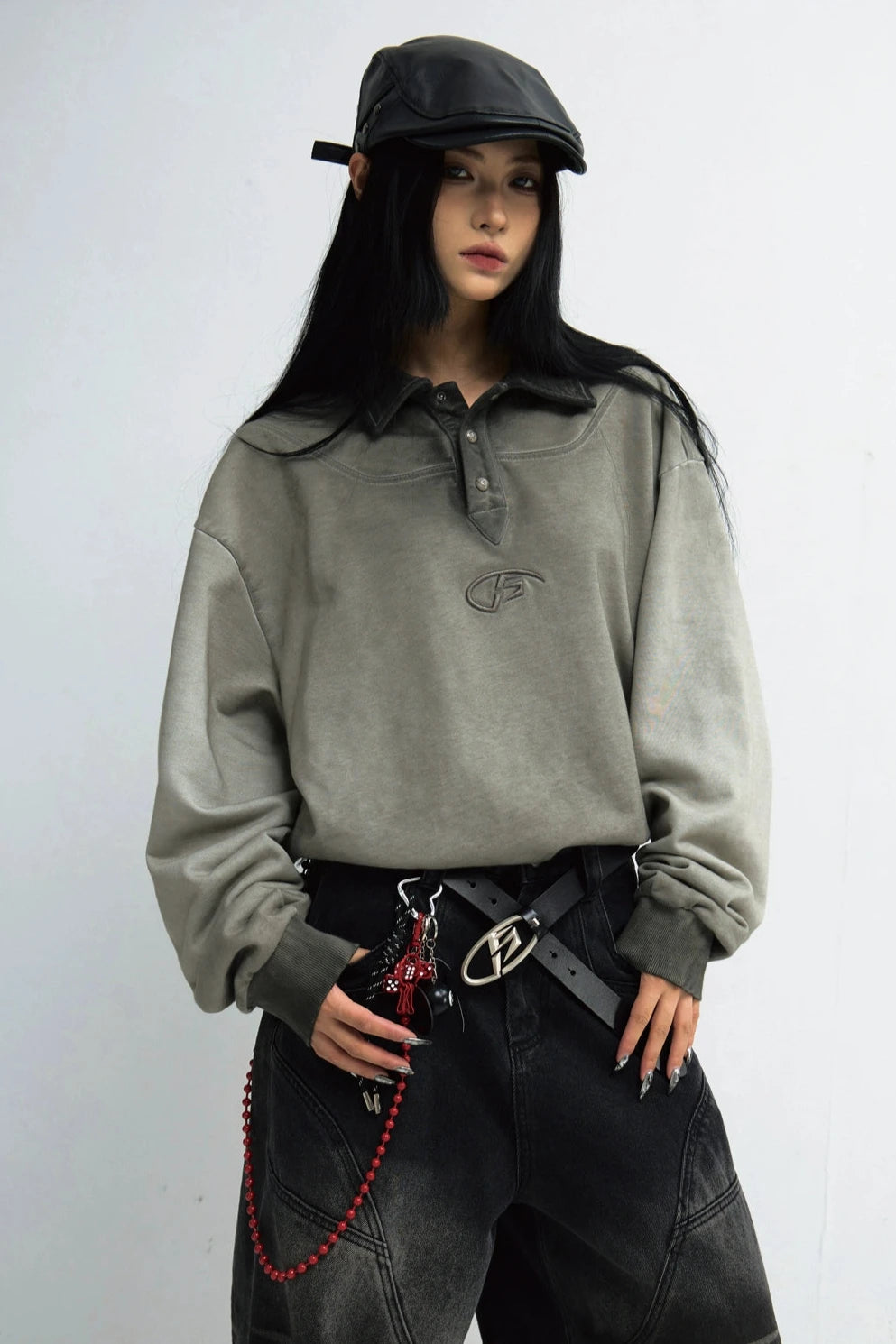 Distressed Patchwork Polo Neck Sweatshirt