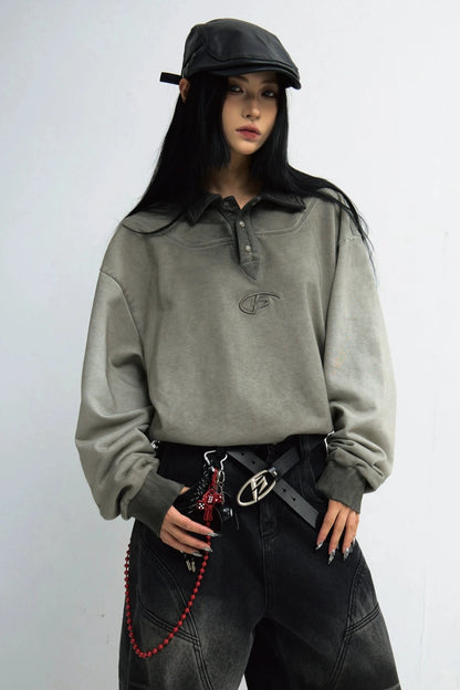 PEOPLESTYLE GEBEIZT DISTRESSED PATCHWORK POLO NECK SWEATSHIRT GESCHLECHTSLOS VINTAGE WASCHUNG VIELSEITIG LANGARM T-SHIRT