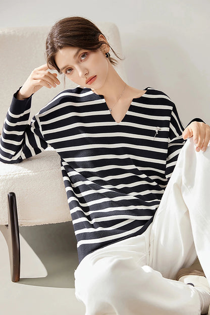 Striped V-Neck Loose Knit Sweater