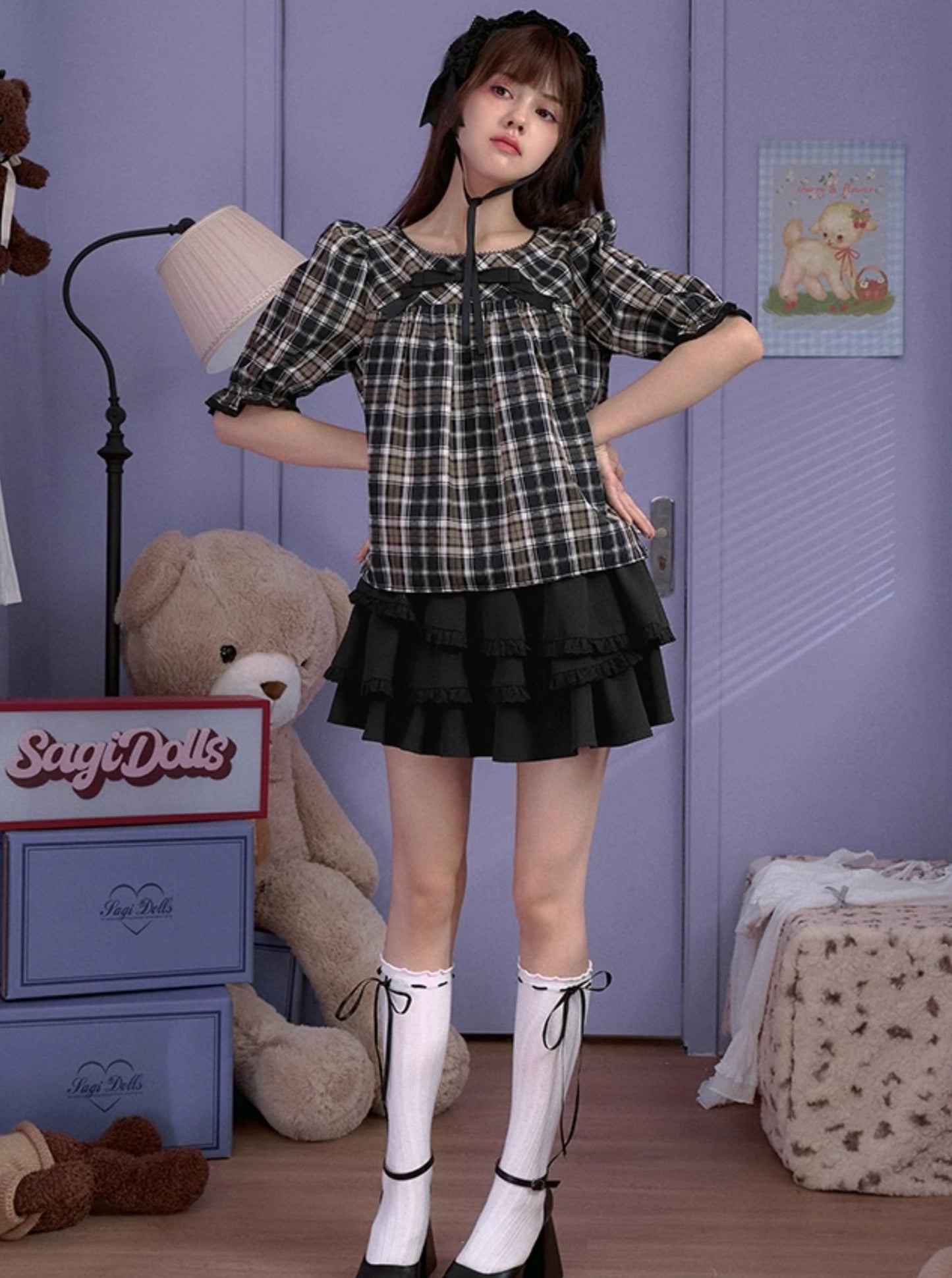 SagiDolls Girl's Fighting Spirit Super Shows Narrow Shoulders! Braun karierte crewneck mid-sleeved babydoll Oberteile sind vielseitig und Alter-defying