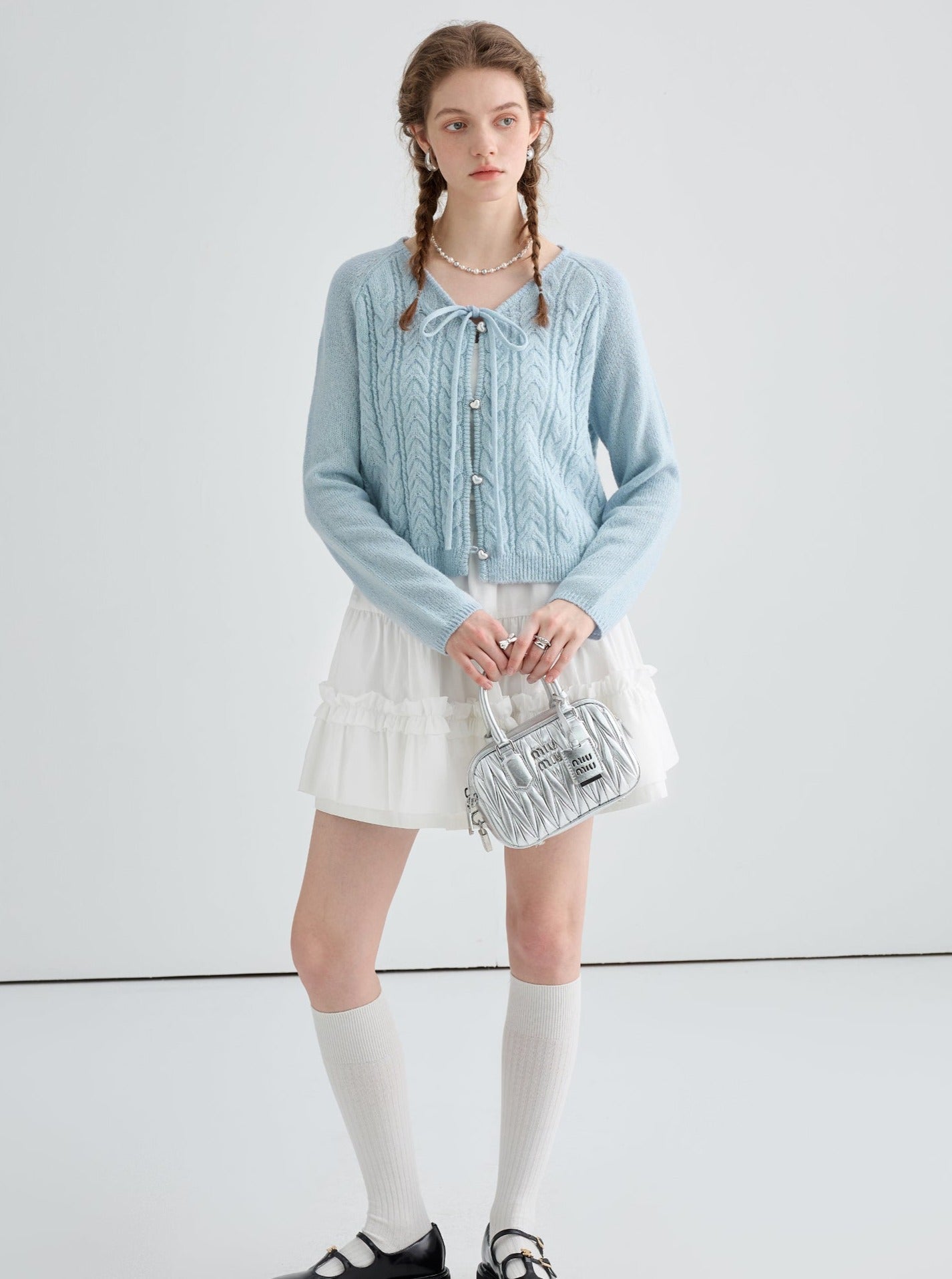 lace-up wool knitted cardigan top