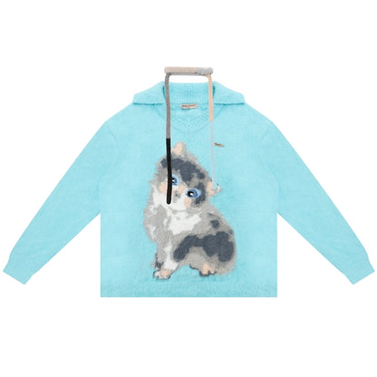 Cat Print V-Neck Polo Light Blue Sweater