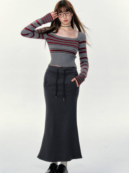 American Retro Dark Gray Versatile Slim Maxi Skirt