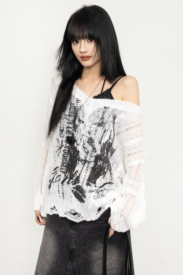 Vintage V-Neck Distressed Knit Top