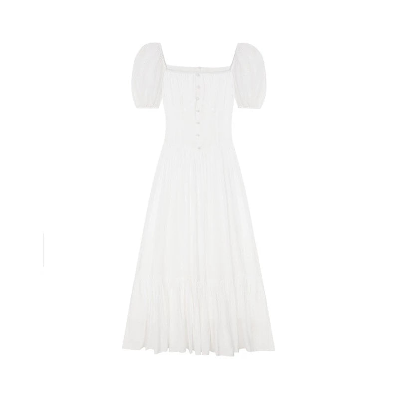 White Puff Sleeve Square Neck Long Dress