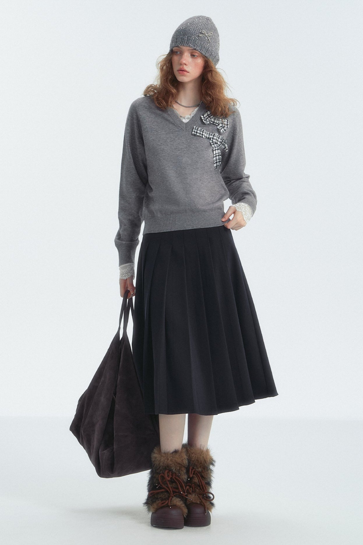 Bow Detail Checked V-Neck Jumper