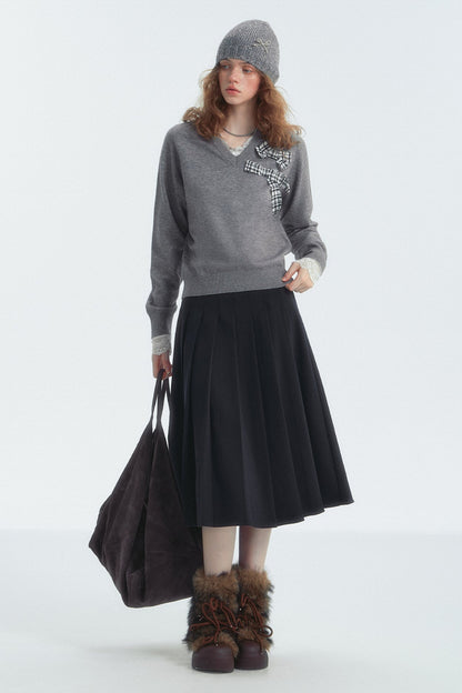 Bow Detail Checked V-Neck Jumper