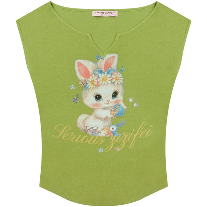 Green Rabbit Print Top