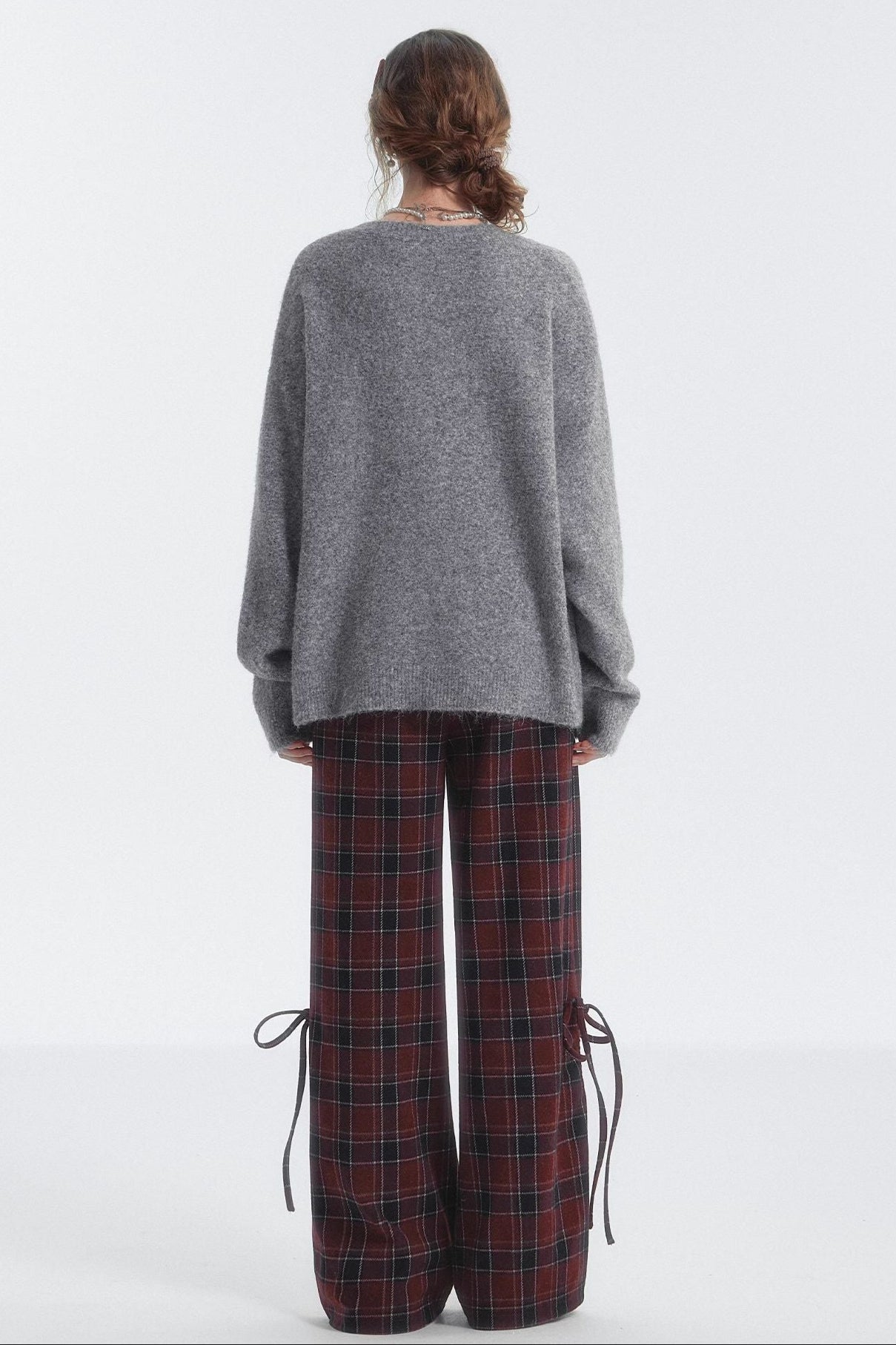 체크 드로스트링 보우 바지 