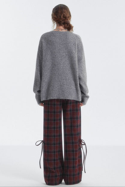 체크 드로스트링 보우 바지 