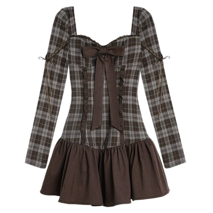 fighting spirit brown plaid bow dress