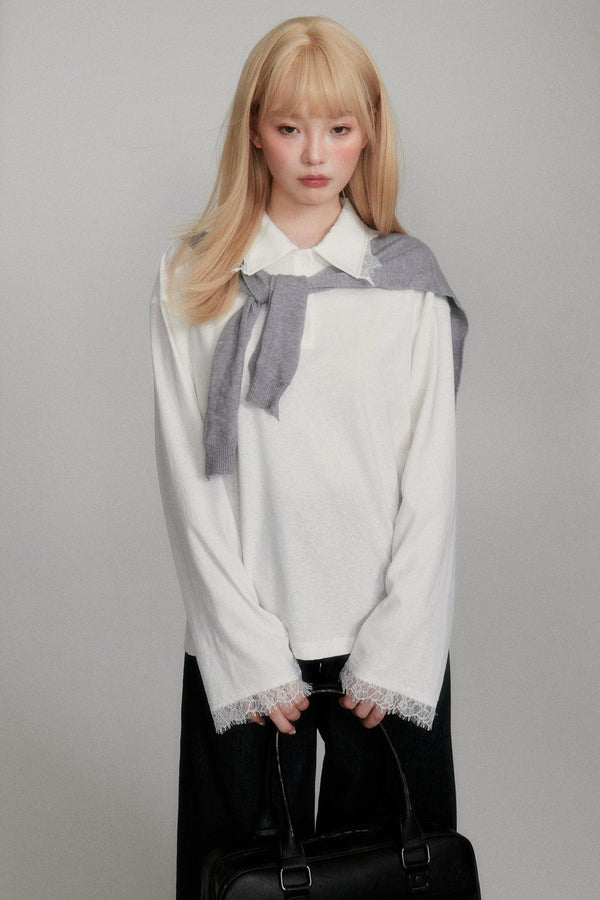 Eyelash Lace Polo Neck Shirt