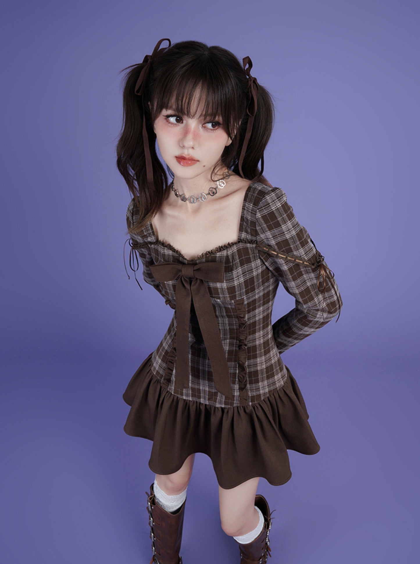 fighting spirit brown plaid bow dress