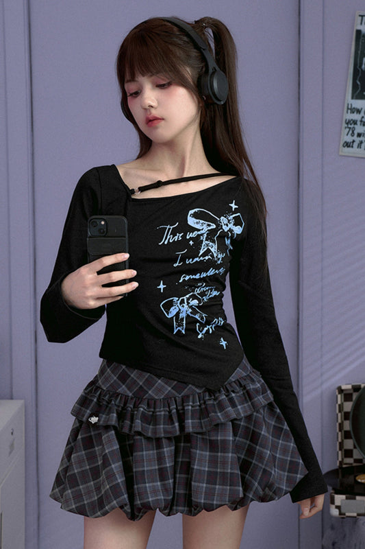 SagiDolls Girl's Fighting Spirit Pre-Autumn Copper Sulfate Wear Dark Pure Lust Sweet and Spicy Graffiti Print Slim Top