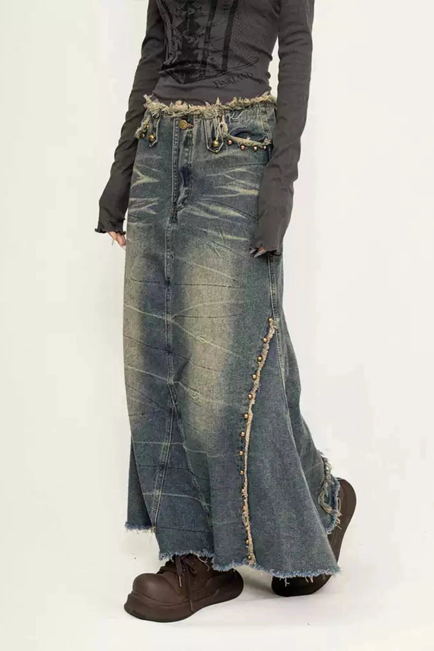 OCTTFLAB Original American Retro Design Denim Skirt Women's 2024 Distressed Button A-Line Long Skirt