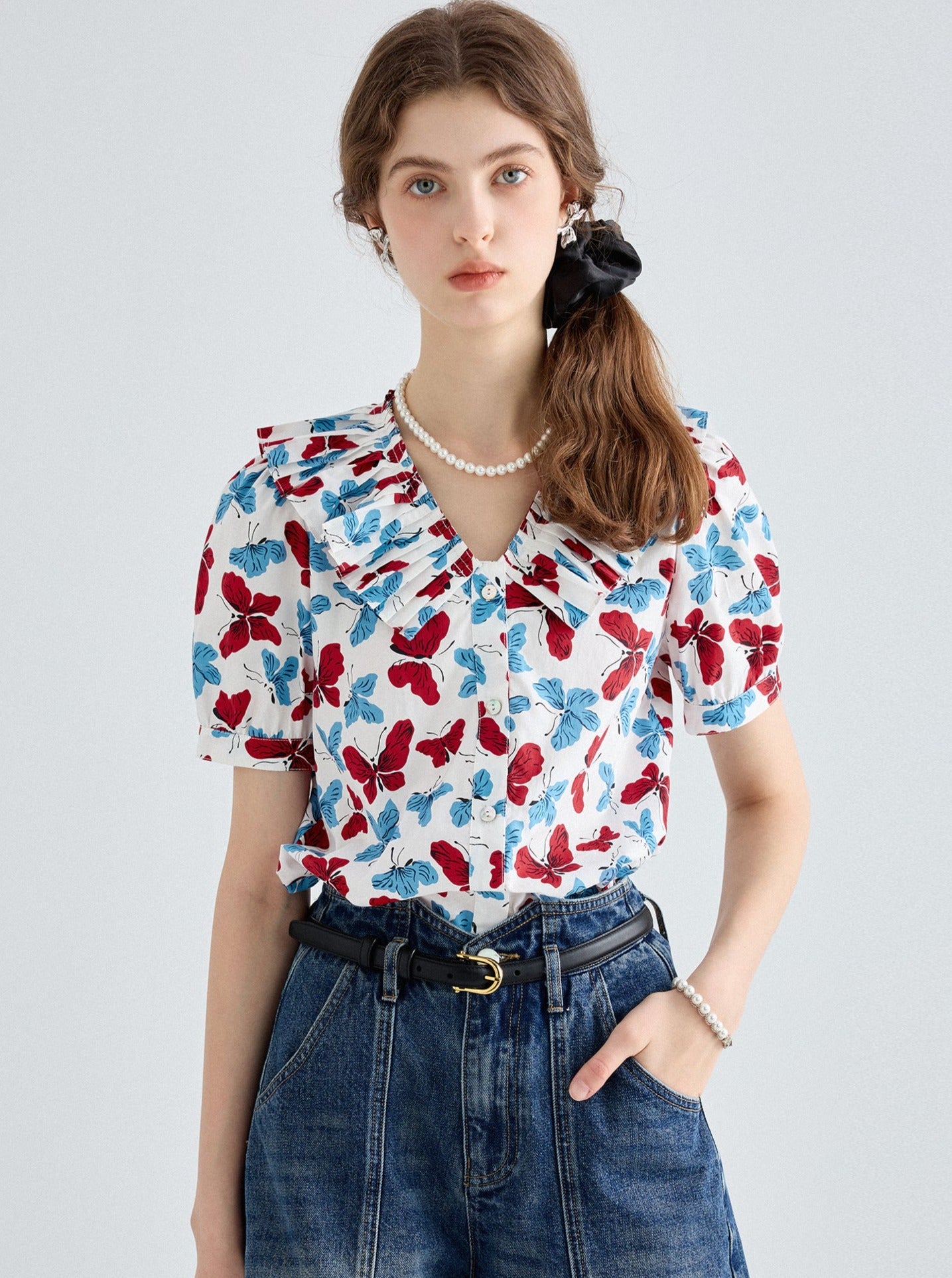 Butterfly Print Puff Sleeve Top