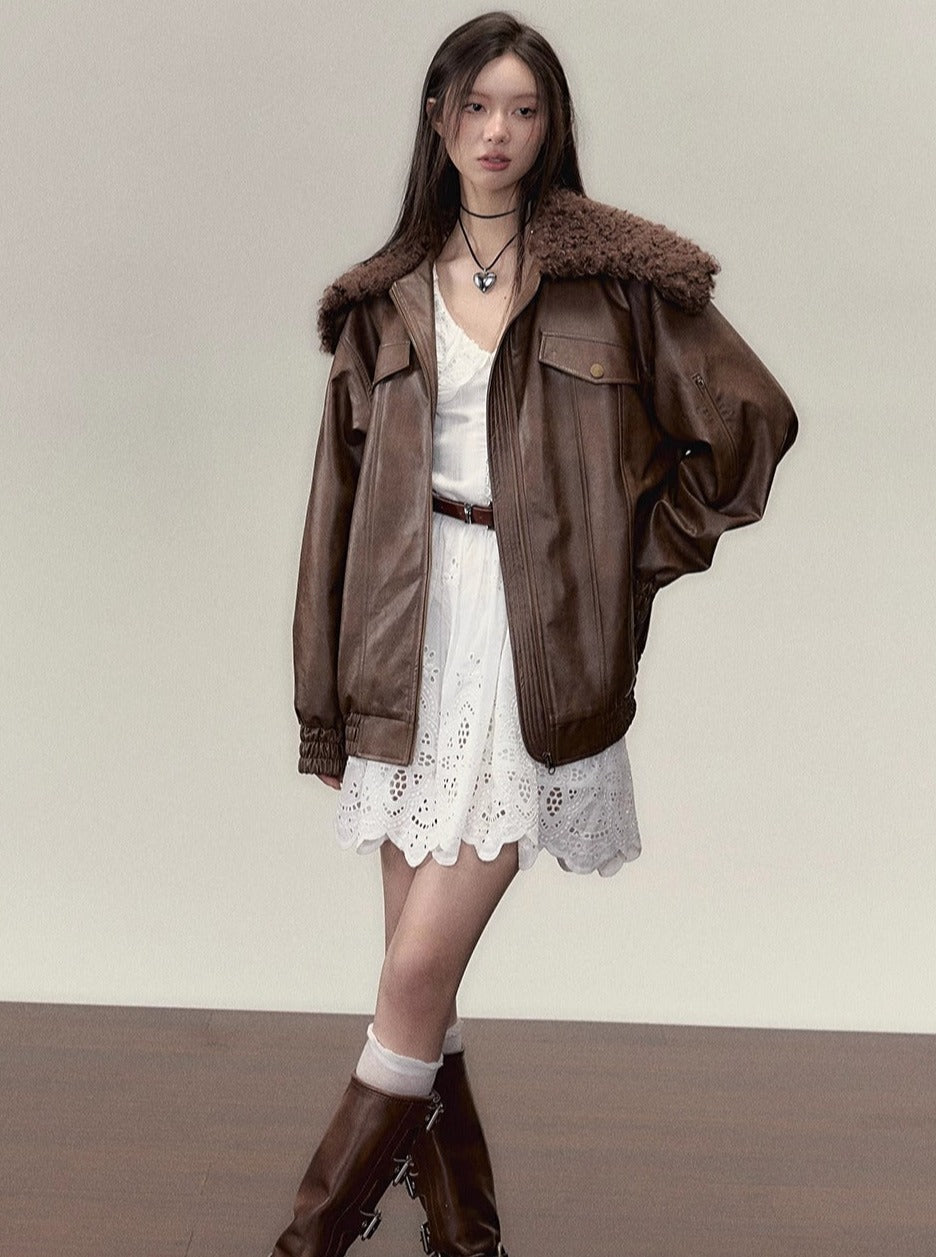 fur collar stitching pu leather jacket