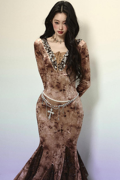 Deep V Mermaid Lace Dress