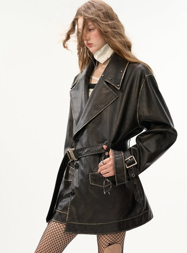 Strappy Waist Rubbed Leather Trench Coat