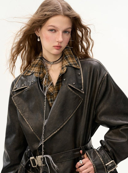 Strappy Waist Rubbed Leather Trench Coat