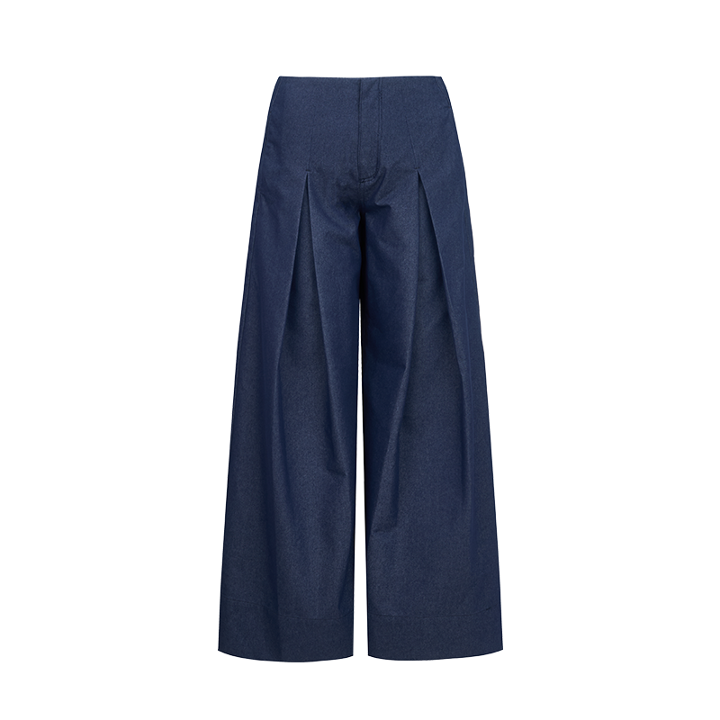 Cow Blue Pleated Denim Wide-Leg Pants Set-Up