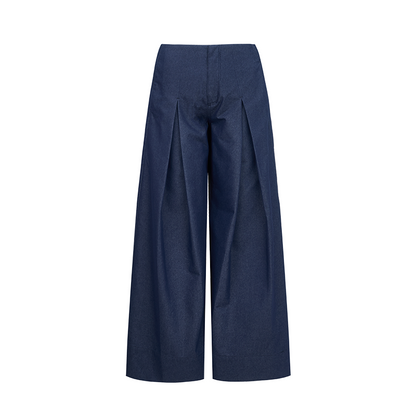 Cow Blue Pleated Denim Wide-Leg Pants Set-Up