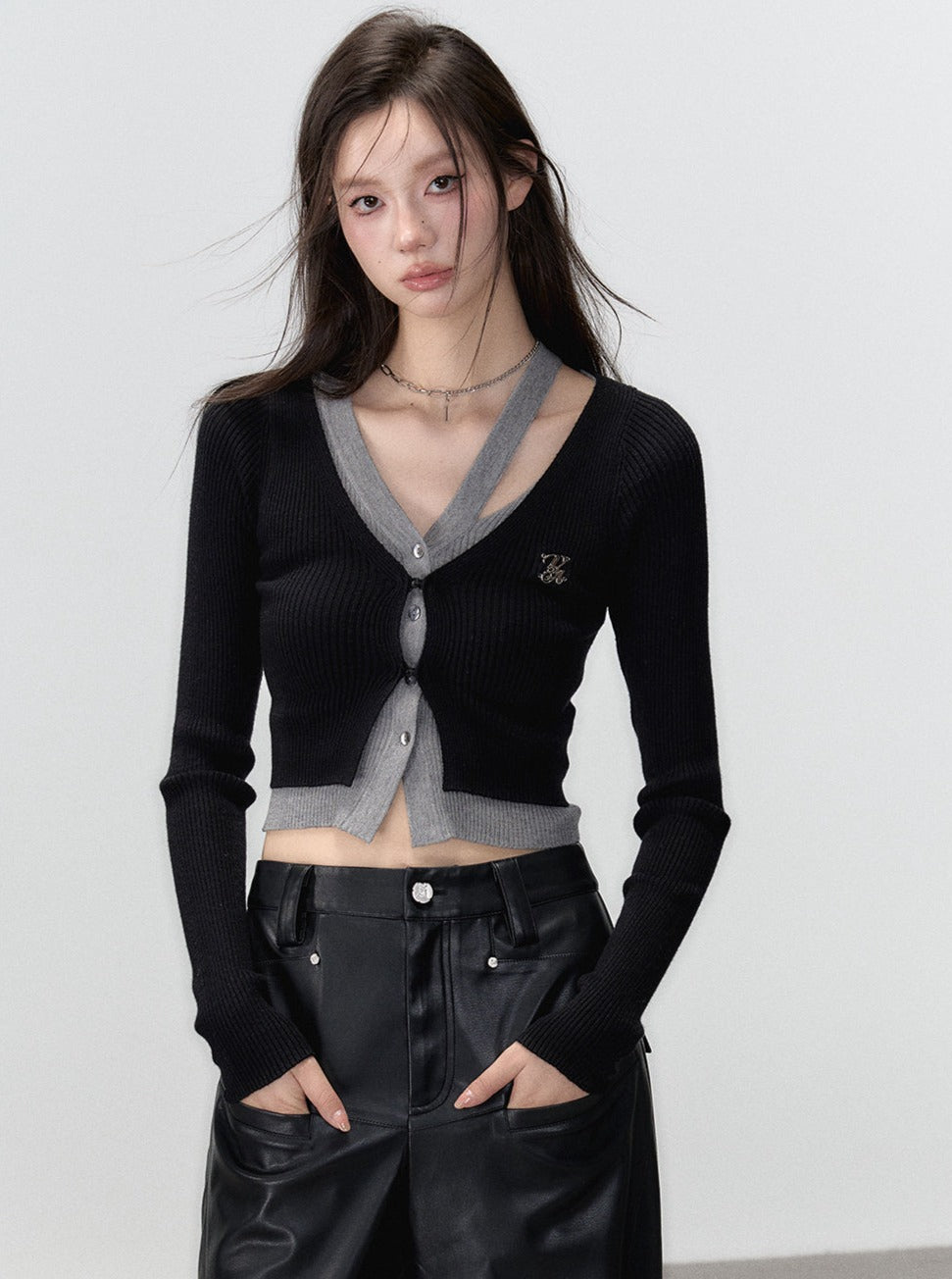 Cropped fake two irregular long sleeve knit top