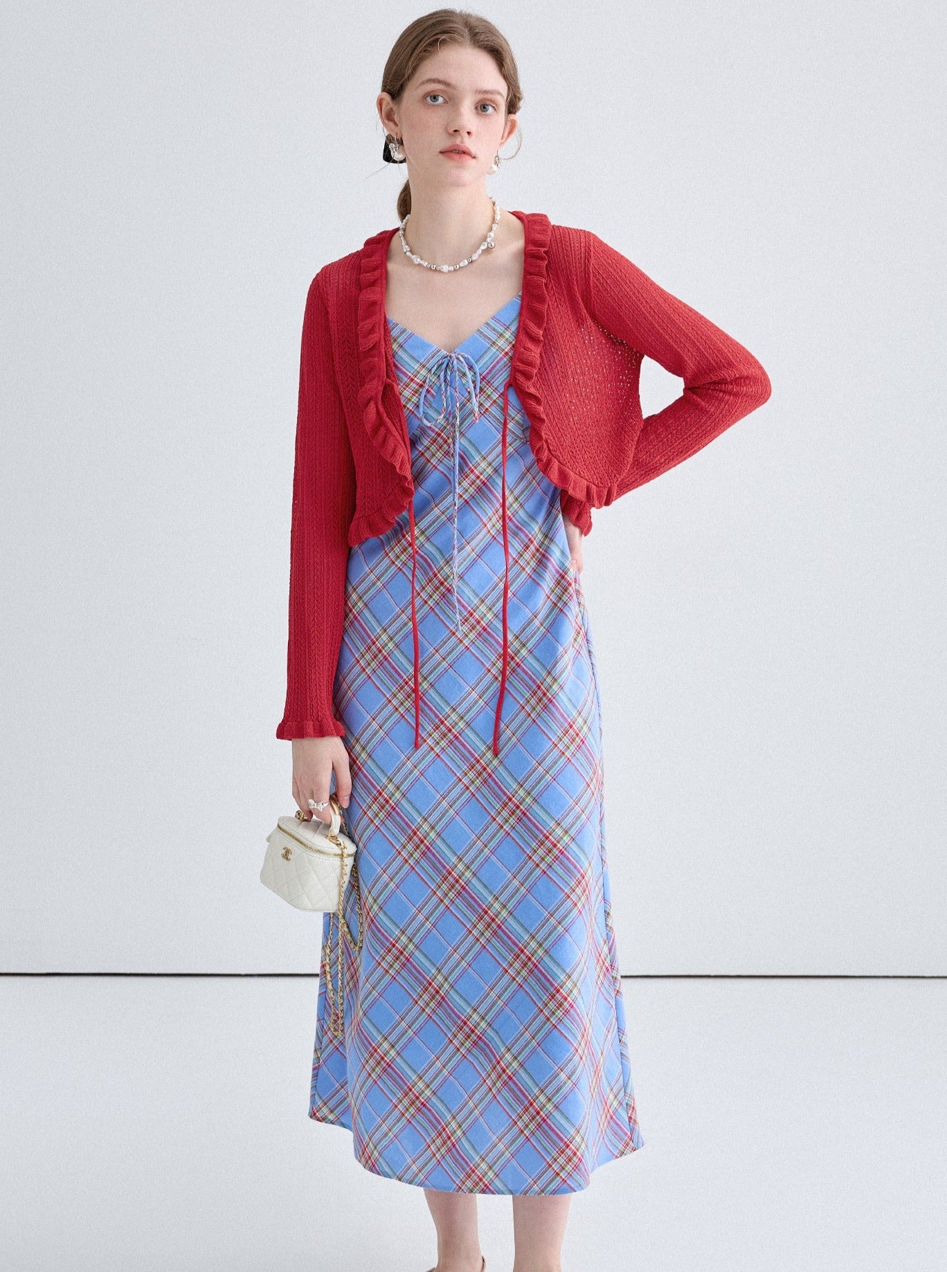 French Niche Cardigan With Check Slip Dress Set-Up