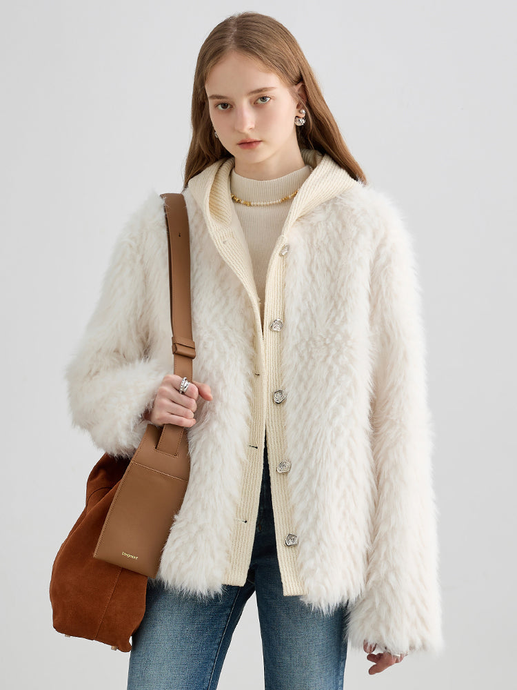 Stitching imitation fur hooded short coat