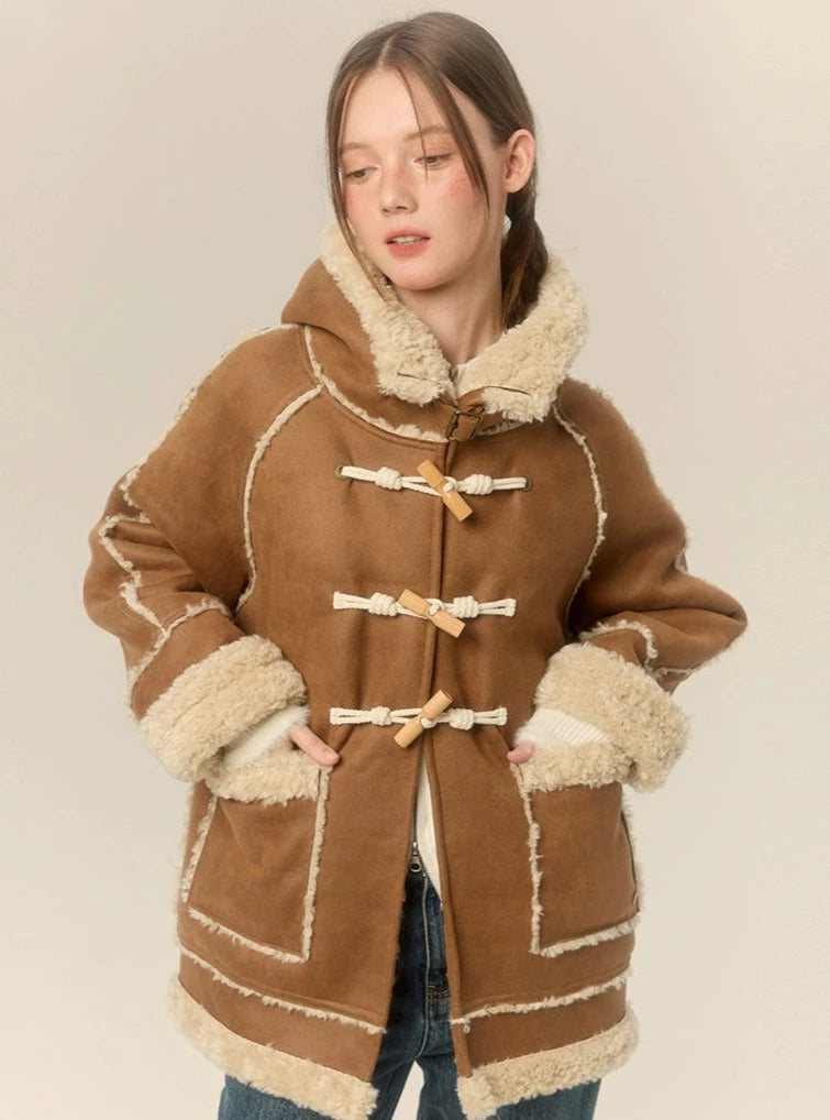 Hooded Horn Buckle Fur Jacket