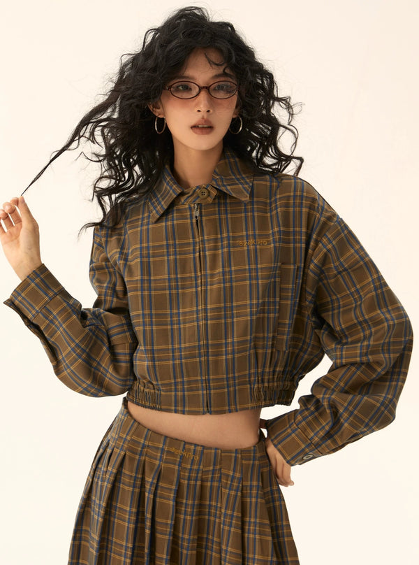 American vintage plaid jacket and skirt two-piece set