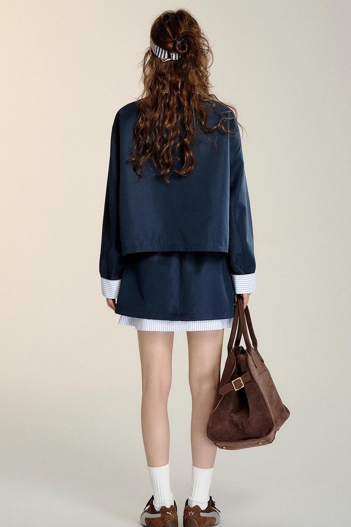 Patchwork Striped Trench Coat Skirt Set-Up