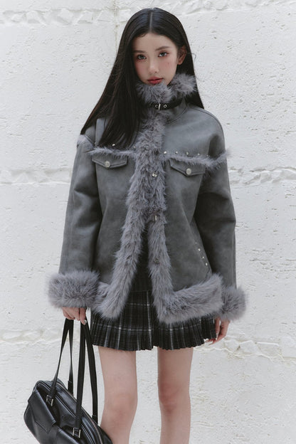 Gray Korean Versatile FUR JACKET