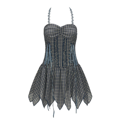 Blue Check Lace Slip Dress