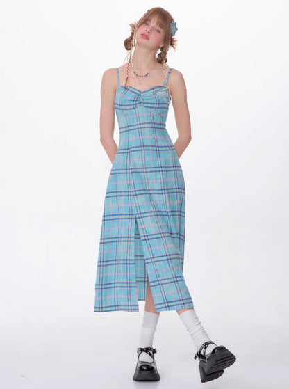 Vintage Check Taille Cinched Babes Blaues Kleid