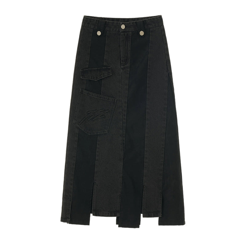 Black Denim Patchwork Skirt