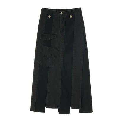 Black Denim Patchwork Skirt