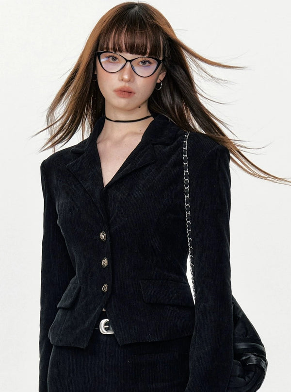 Sleeve Short Corduroy Blazer Set