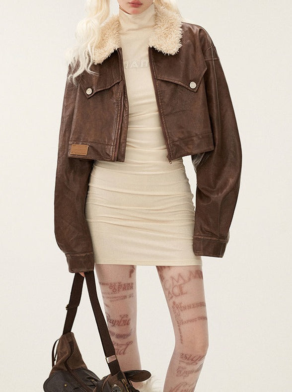 distressed spray painted zipper short jacket