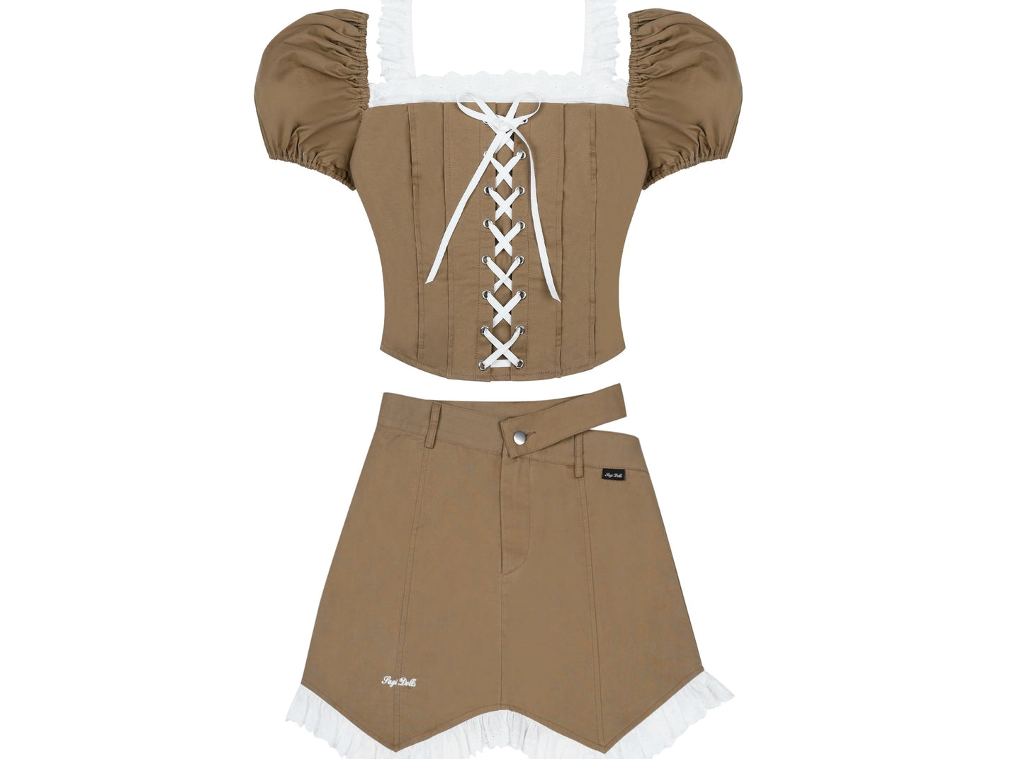 Brown Lace Pants Tops Set