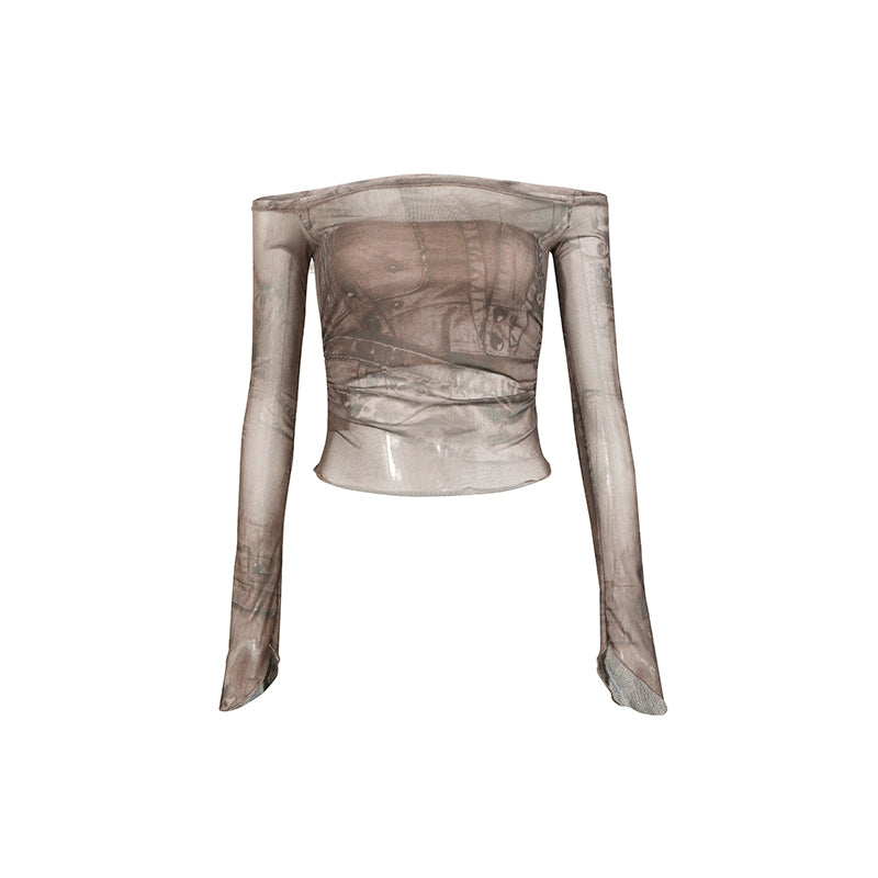 One-Shoulder Pleated Mesh Top