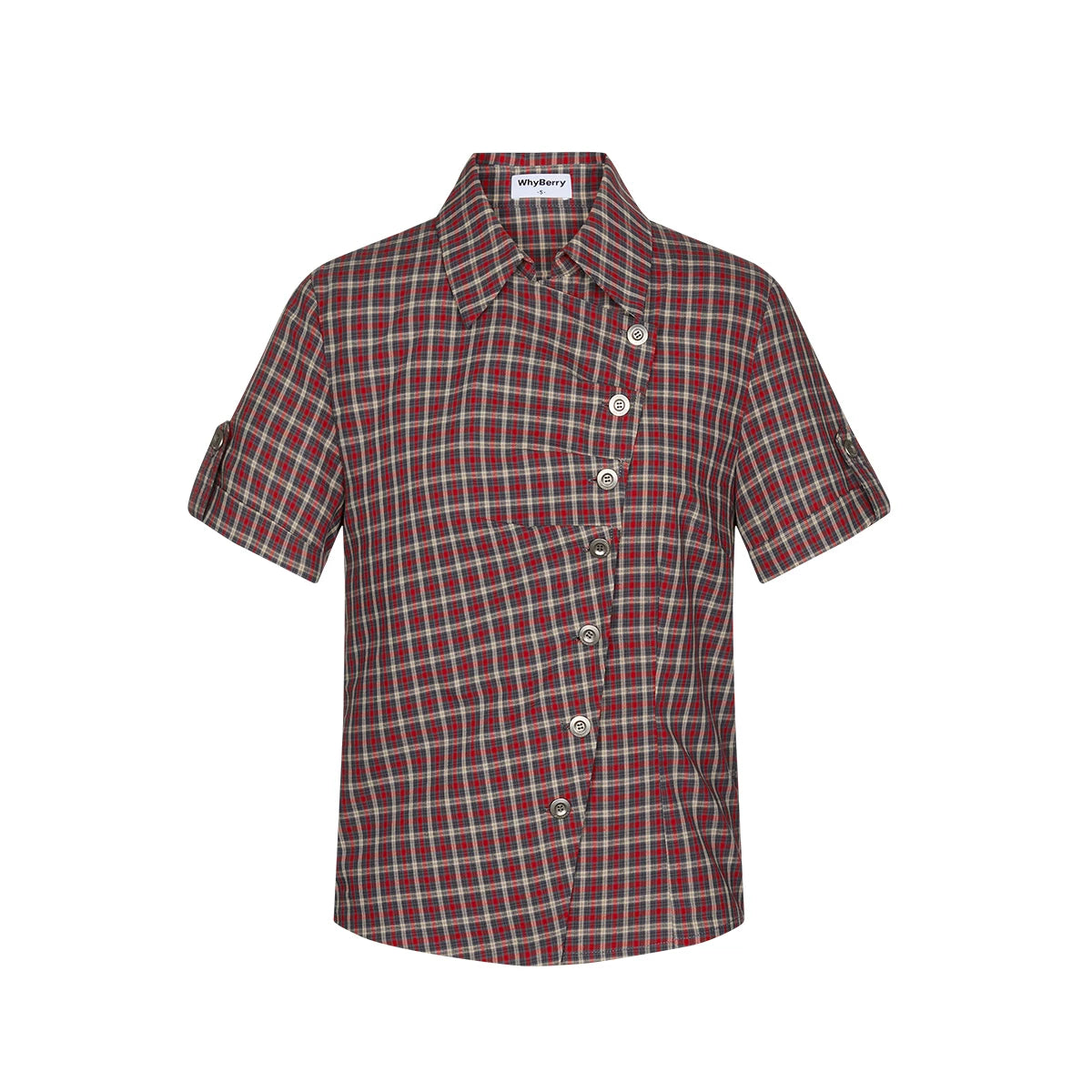 Diagonal Placket Plaid Blouse