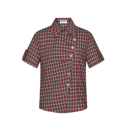 Diagonal Placket Plaid Blouse