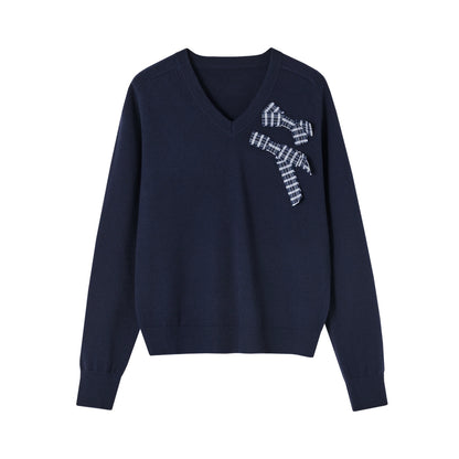 Bow Detail Checked V-Neck Jumper